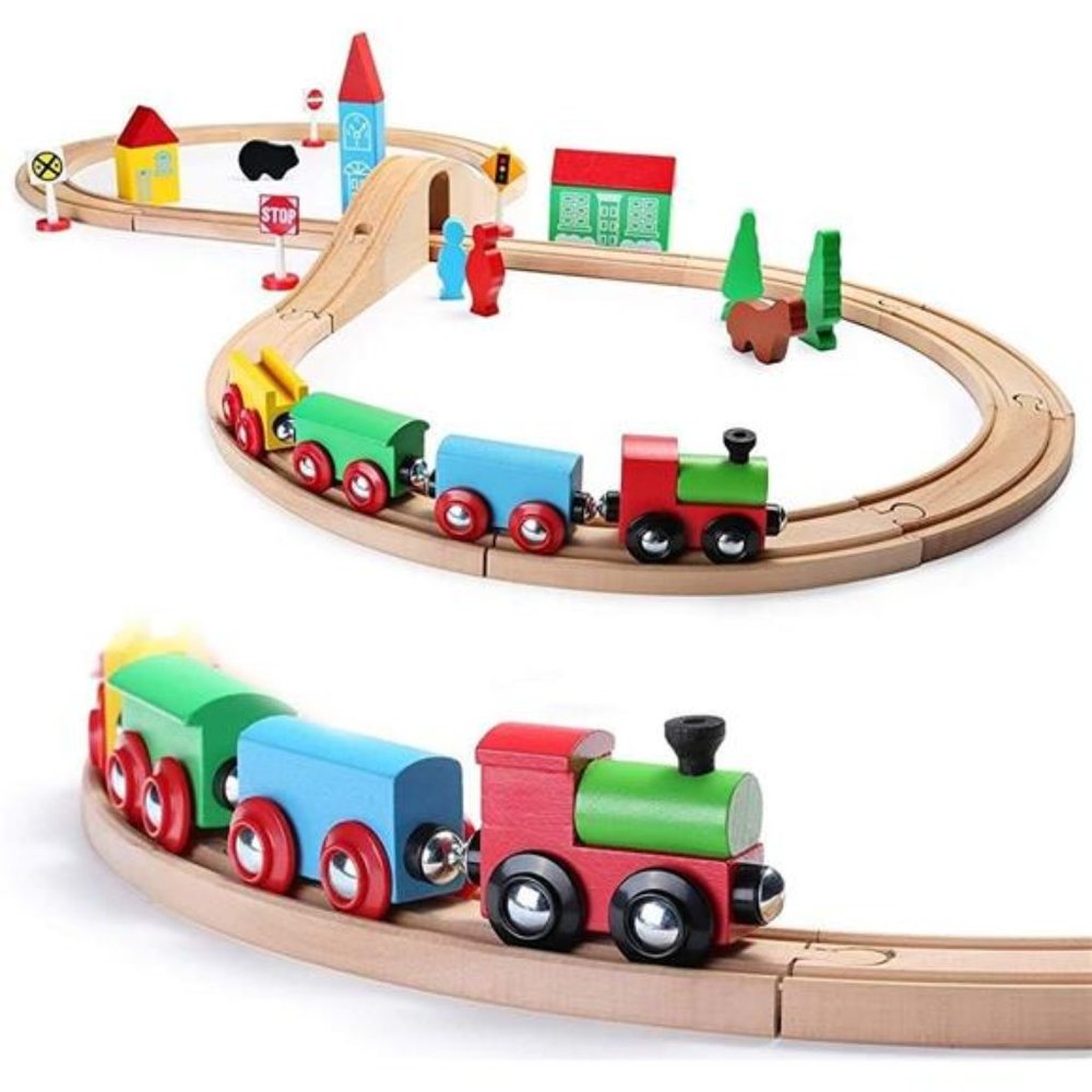 Wooden Train Set for Toddler with Double-Side Train Tracks Fits Brio, Thomas